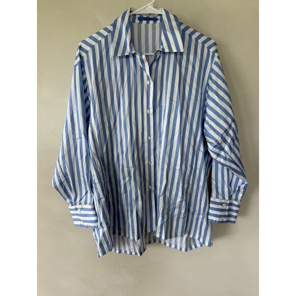 J McLaughlin womens Large L lightweight Button Up SHIRT blue white striped T Top - Picture 1 of 4